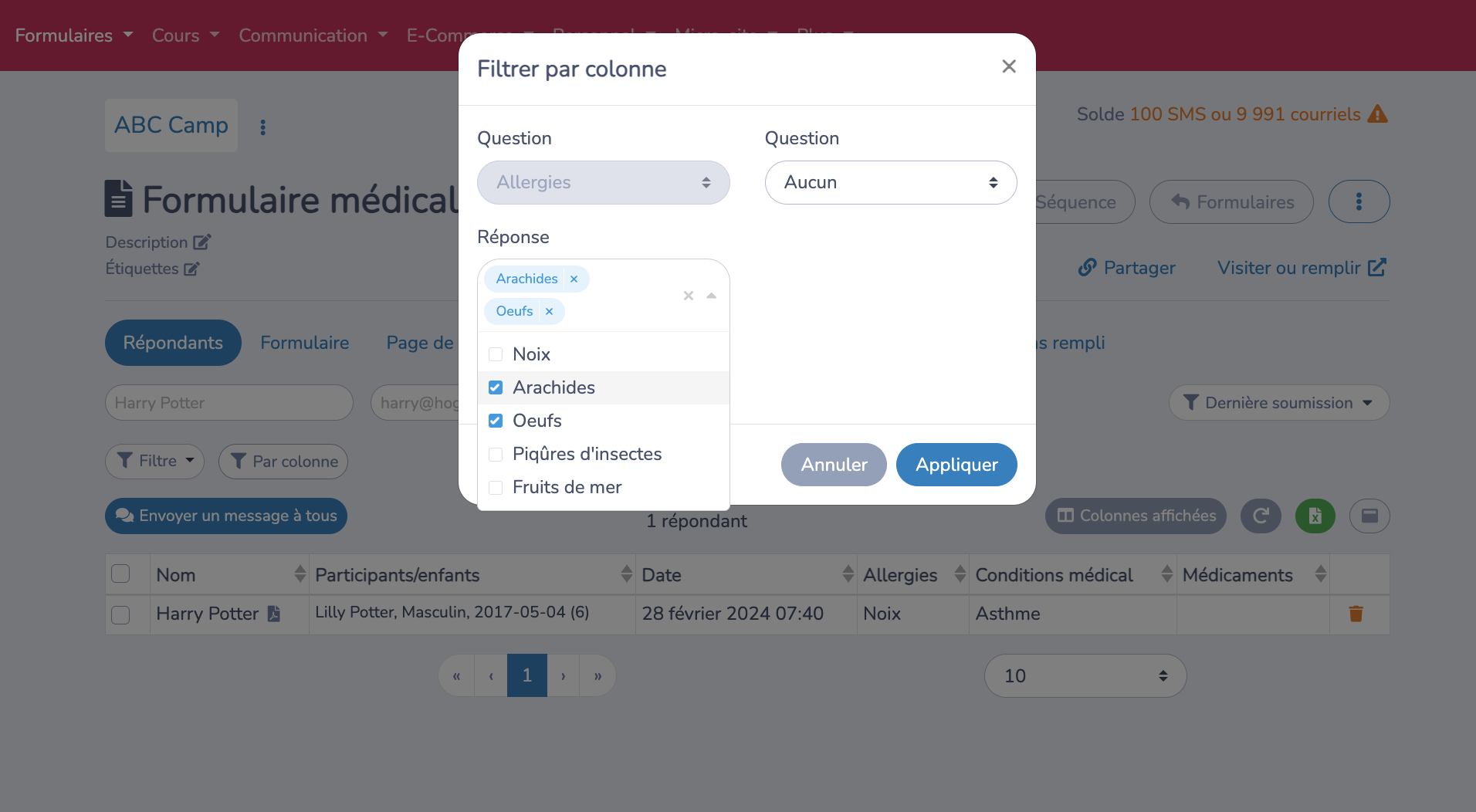 filtre de données de fiche médicale