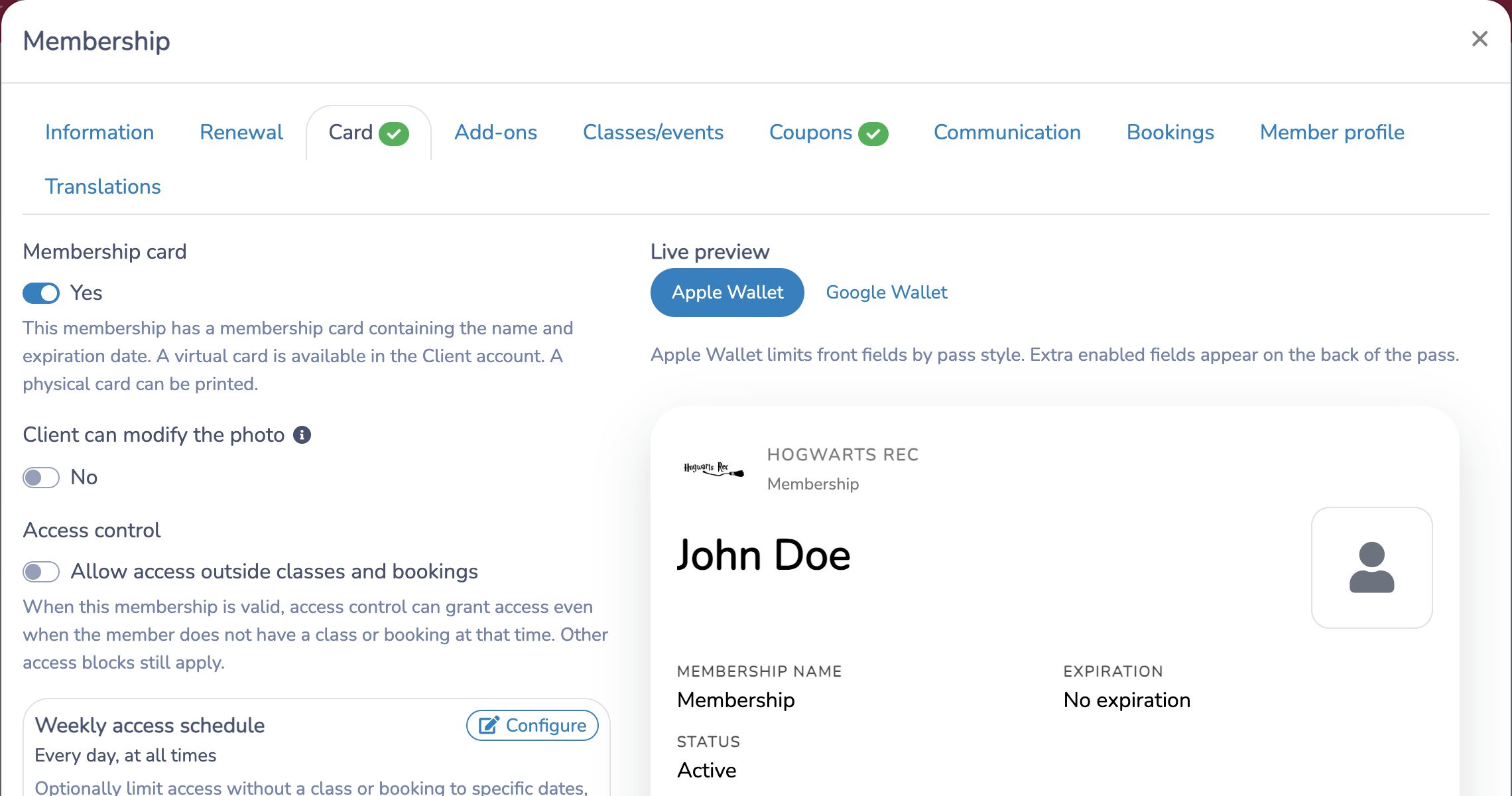 Preview a non-expiring membership card and configure access behavior