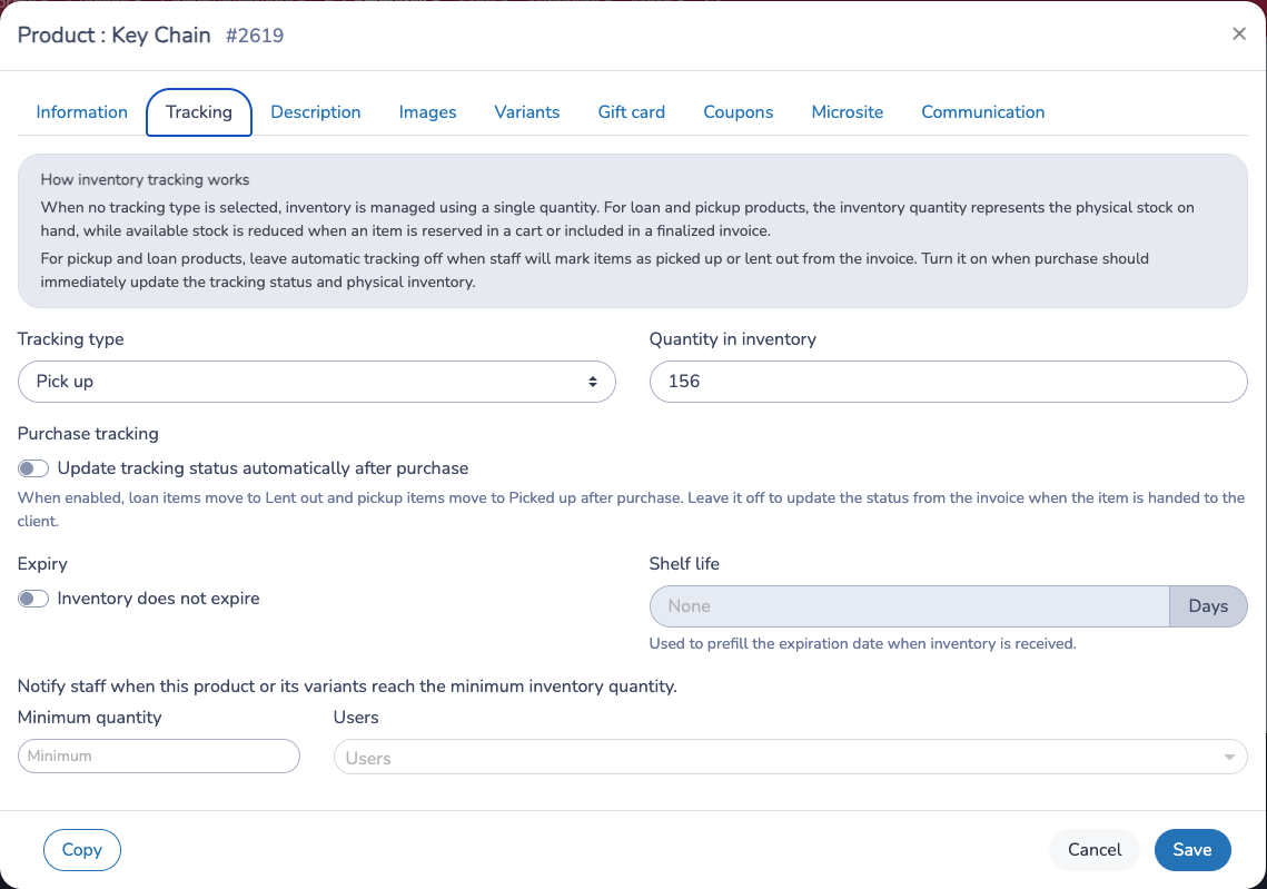 Choose inventory tracking settings on the product Tracking tab