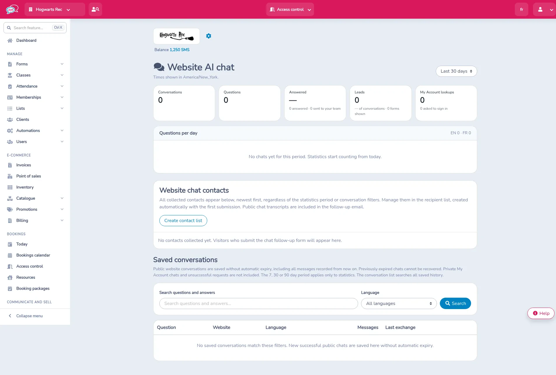 Website AI chat for the last 30 days, with Create contact list and no saved conversations