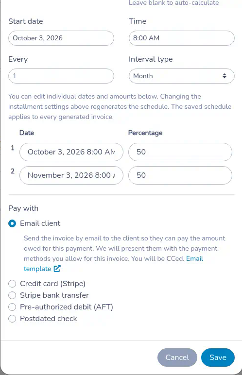 Rest of Schedule payments, with the installment rows, payment methods, and Save
