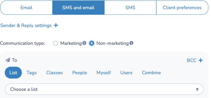 SMS and email channel choices in the message composer