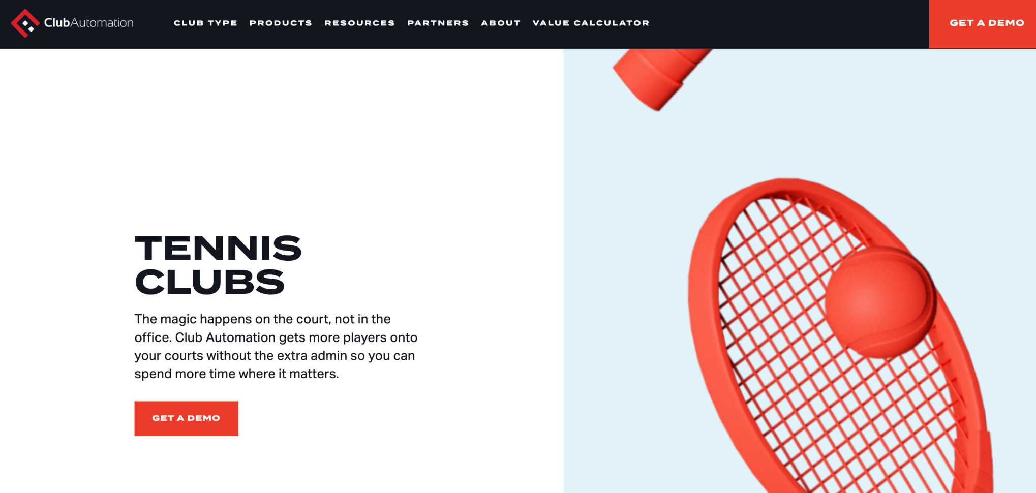Club Automation tennis club software landing page