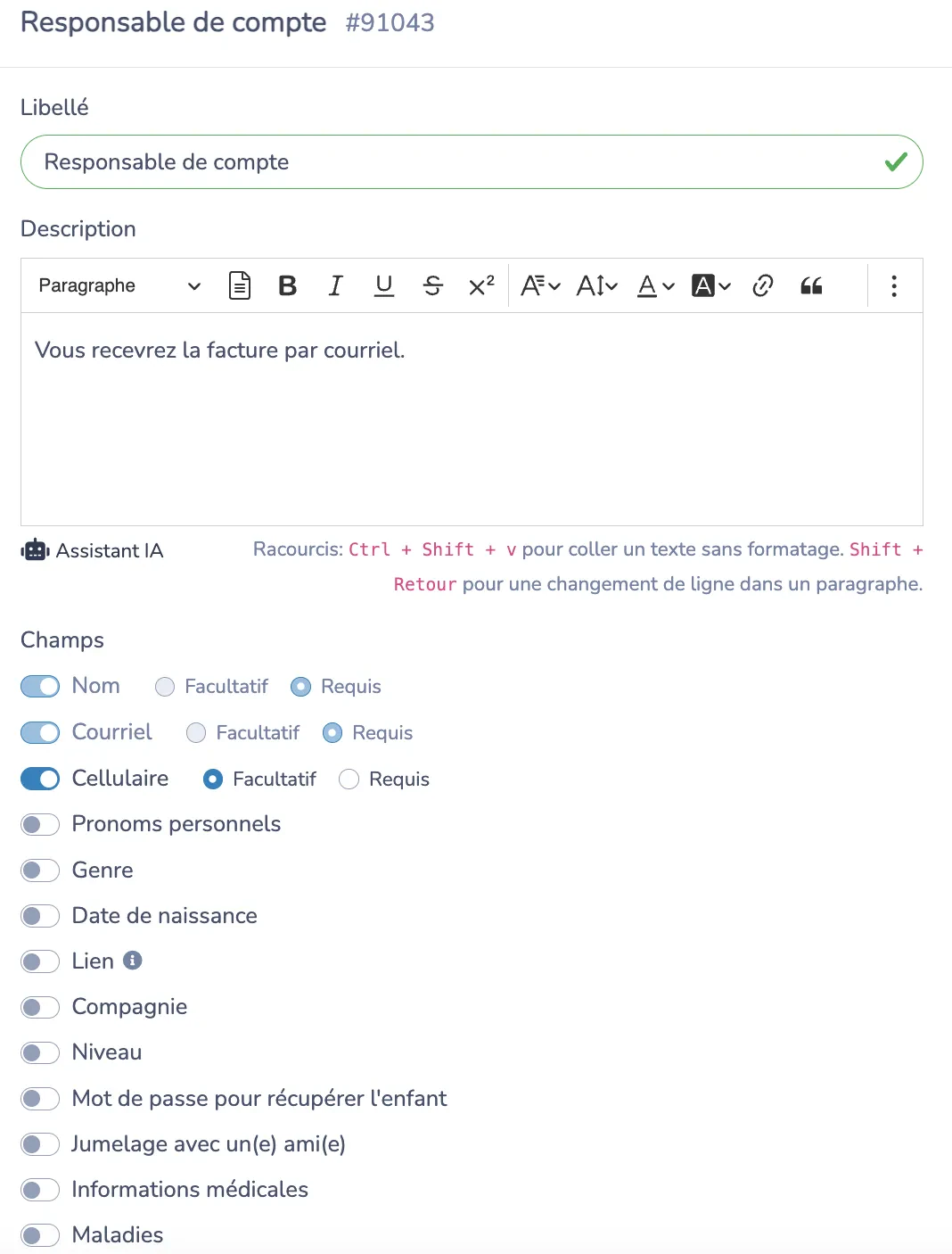 Ajuster les champs d'information du client: