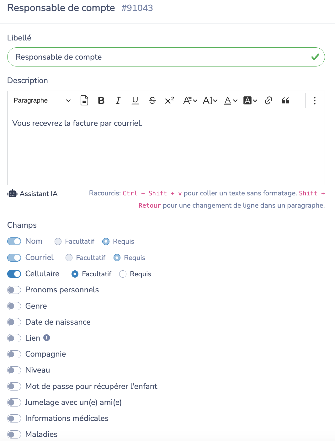 Ajuster les champs d'information du client: