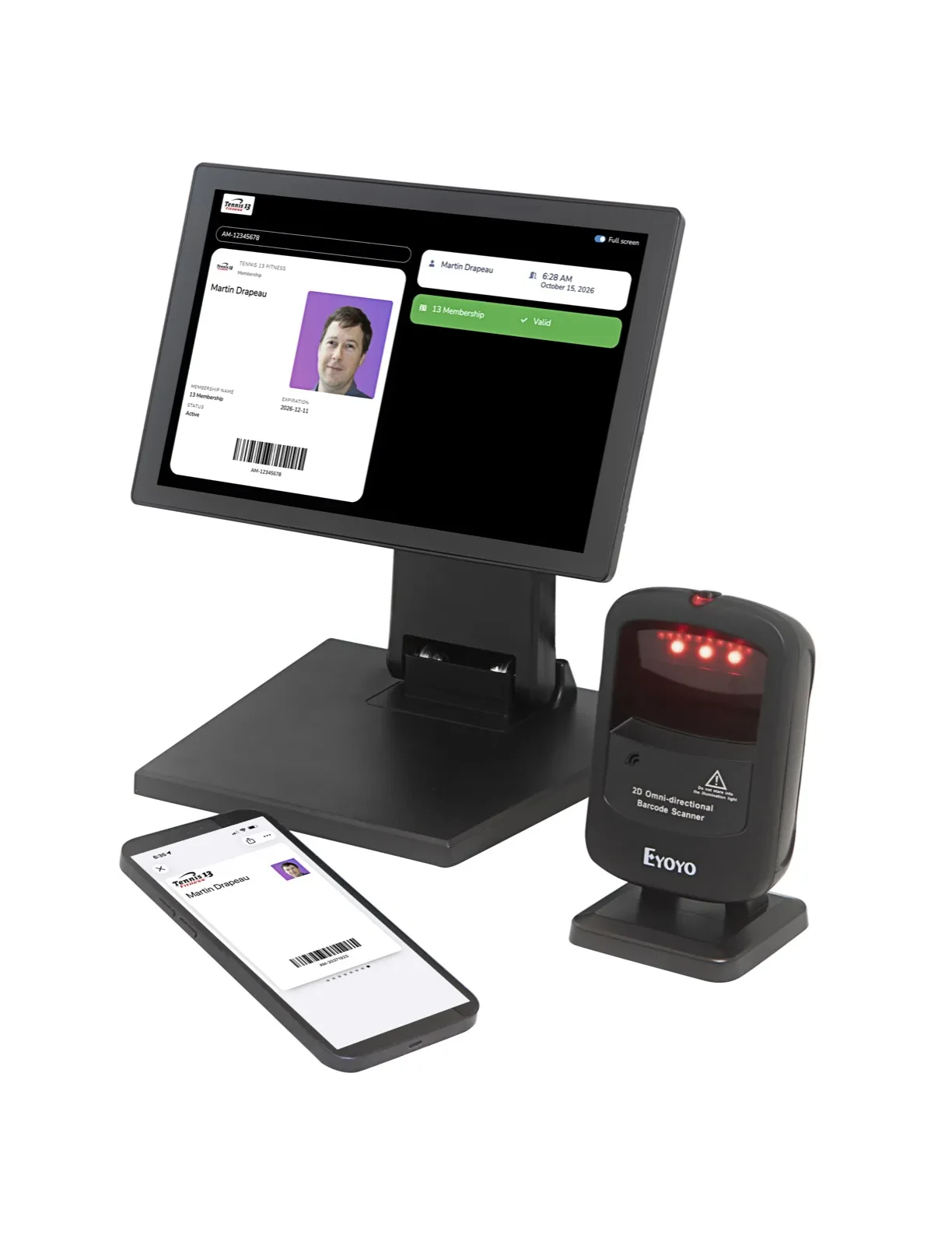 Activity Messenger indoor access control device with a screen, barcode scanner and membership card on a phone