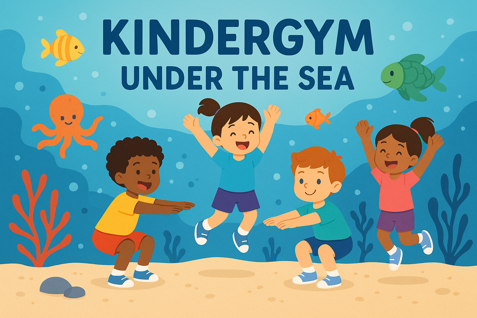 Kids doing squats and jumping under the sea text "Kindergym Under the Sea"