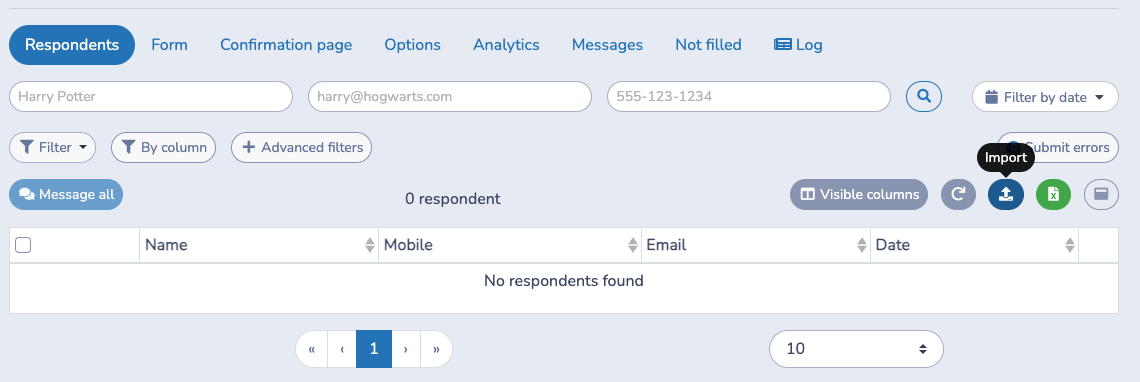 Open the import window from the Respondents tab