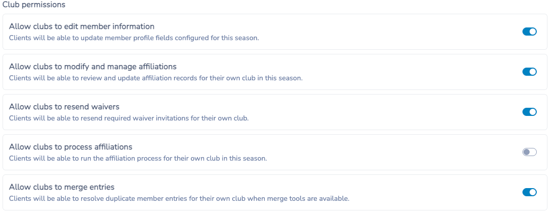 Season permissions for editing members, affiliations, waivers, processing and merging