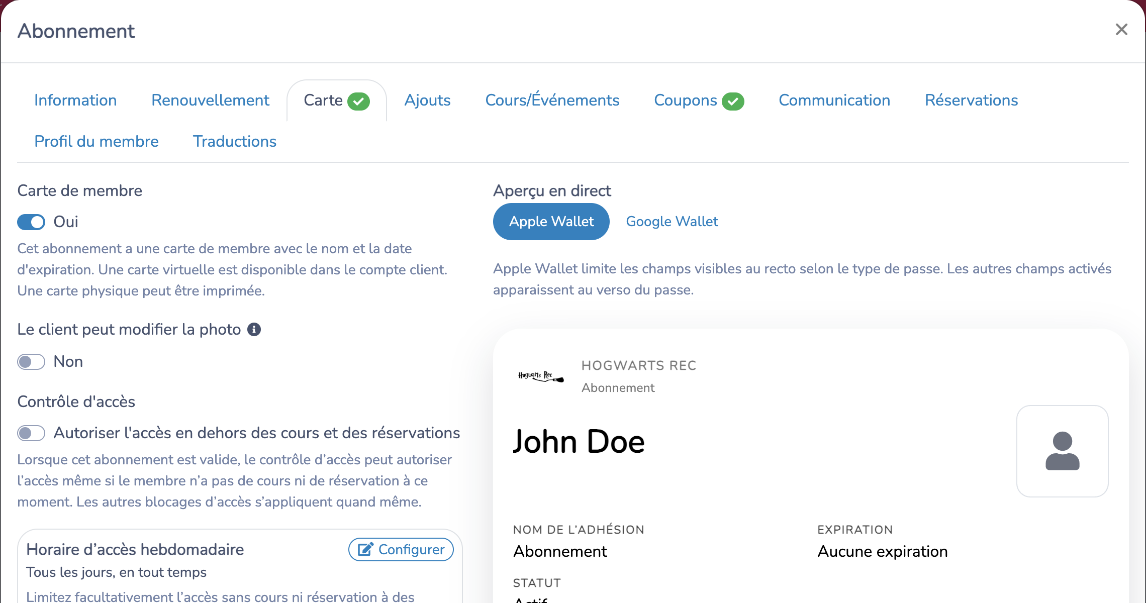 Prévisualiser une carte sans expiration et configurer le comportement d'accès