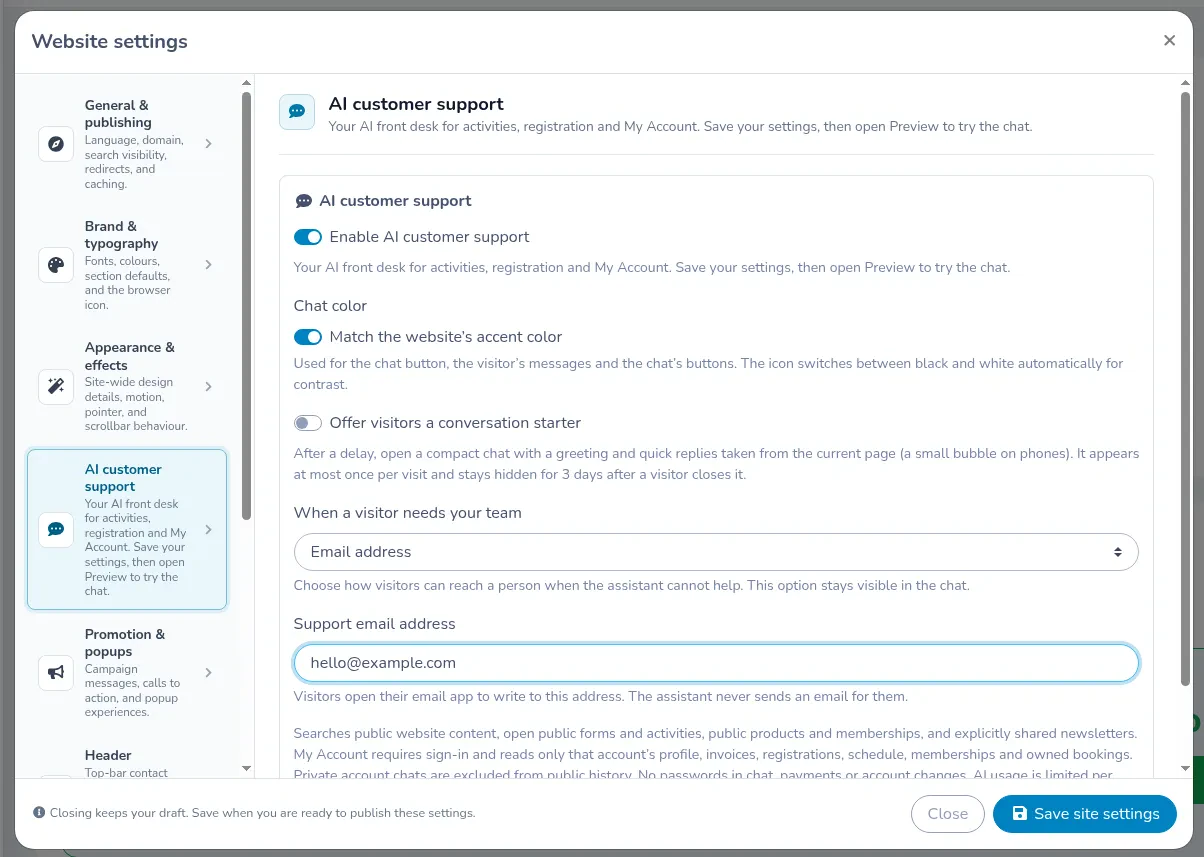 AI customer support settings with Email address selected and Chat color set to the website accent