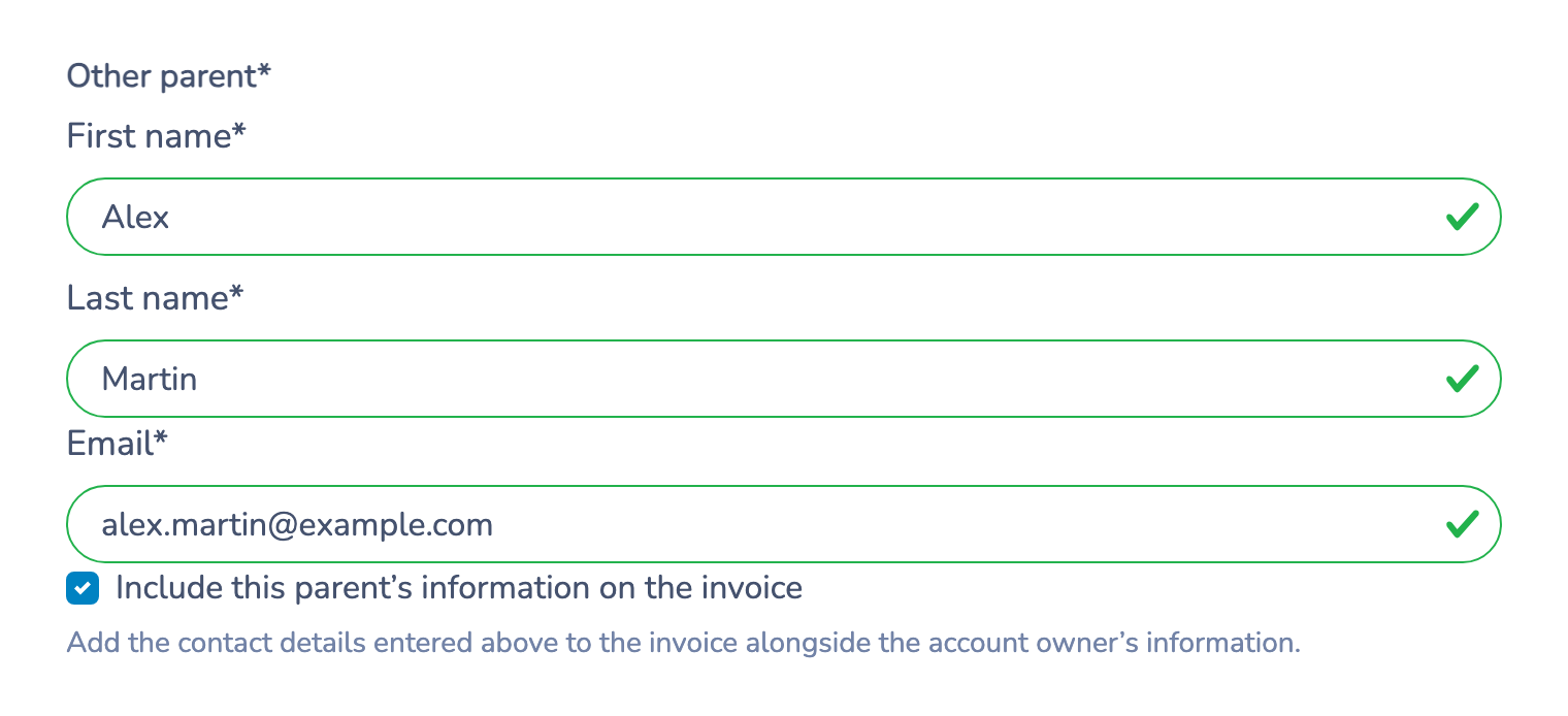 The optional invoice checkbox below the other parent’s contact details