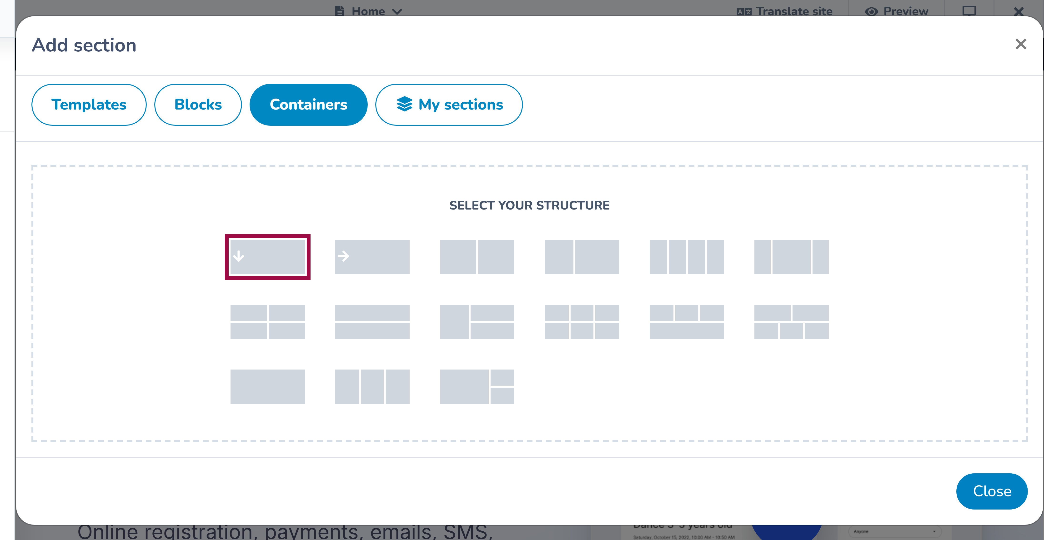Container library with responsive column structures