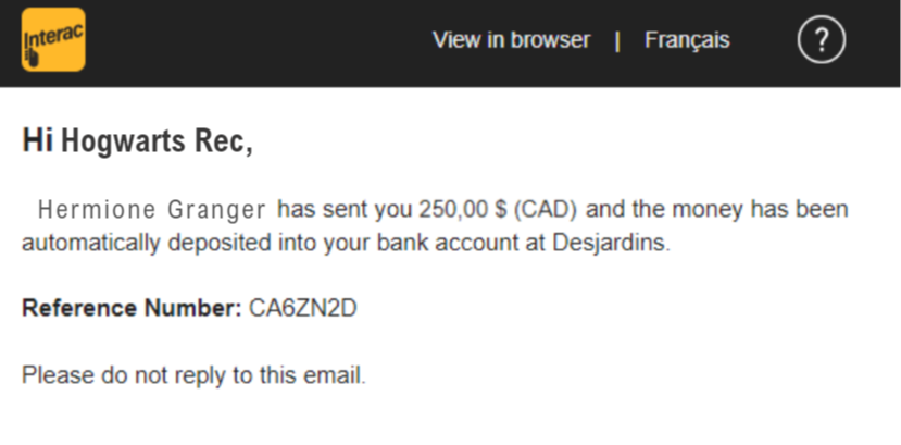 Email Interac without an invoice — screenshot