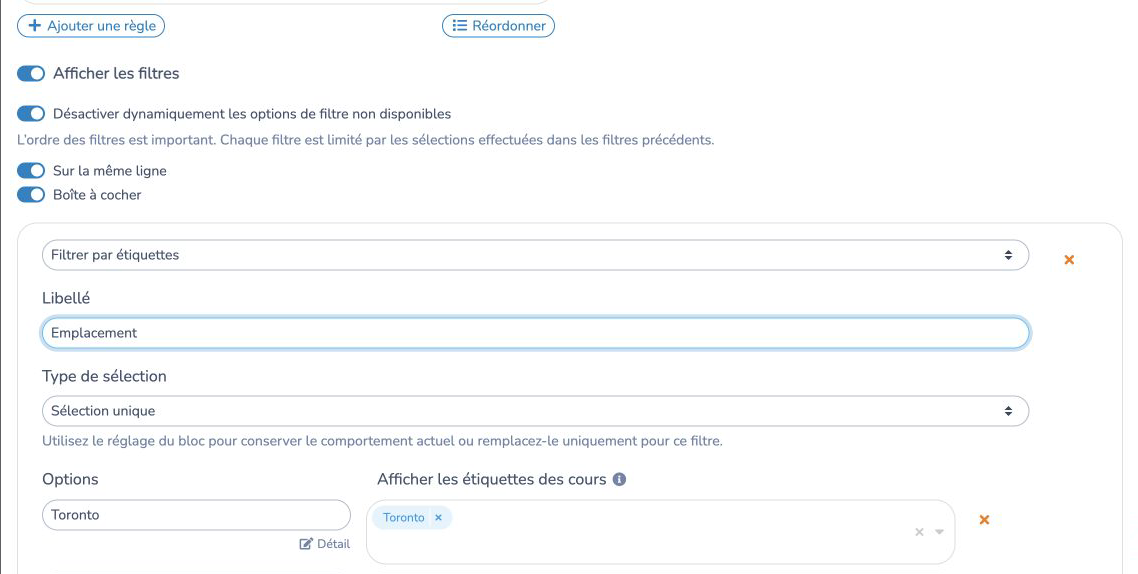 Configurer les filtres dynamiques et le type de sélection