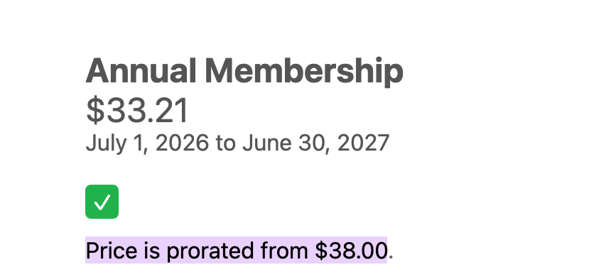A fixed-period membership displays its prorated price and full original price