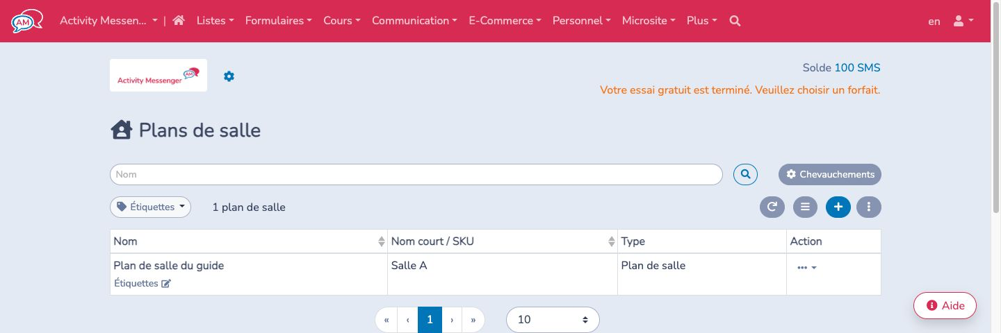 Liste des plans de salle