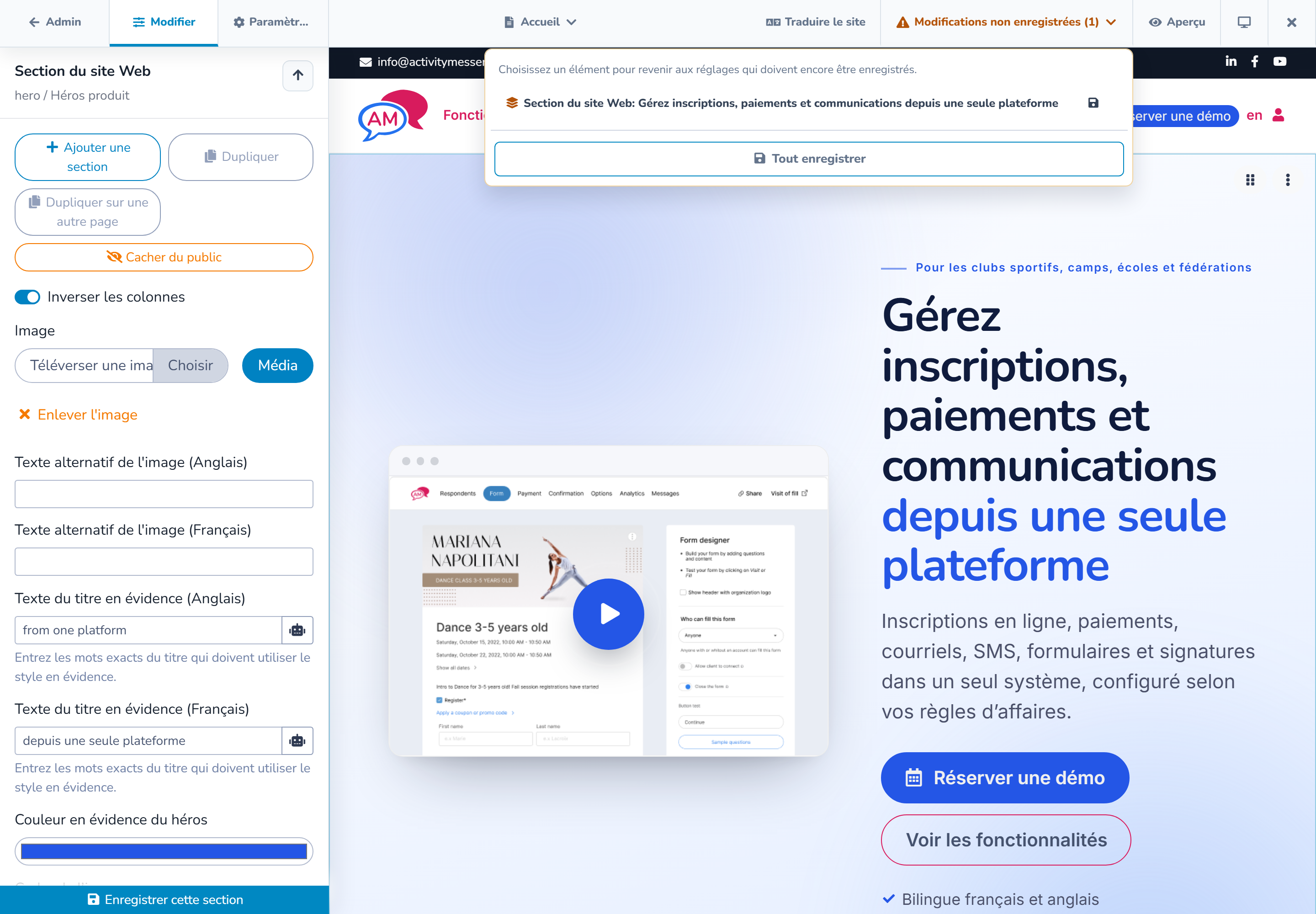 Menu des modifications non enregistrées avec les actions d'enregistrement et d'abandon