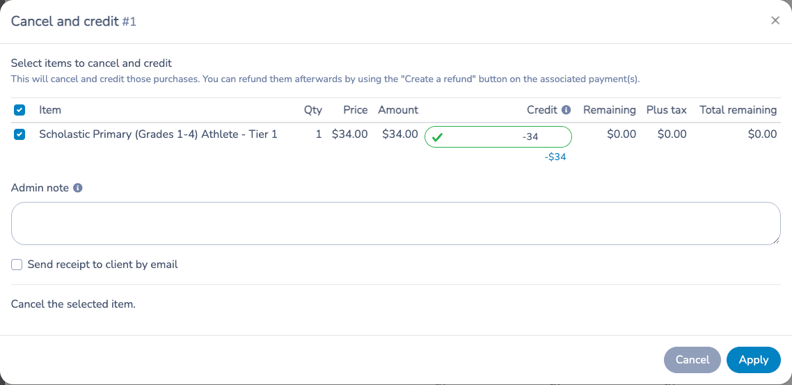 Cancel and credit dialog opened from the member modal