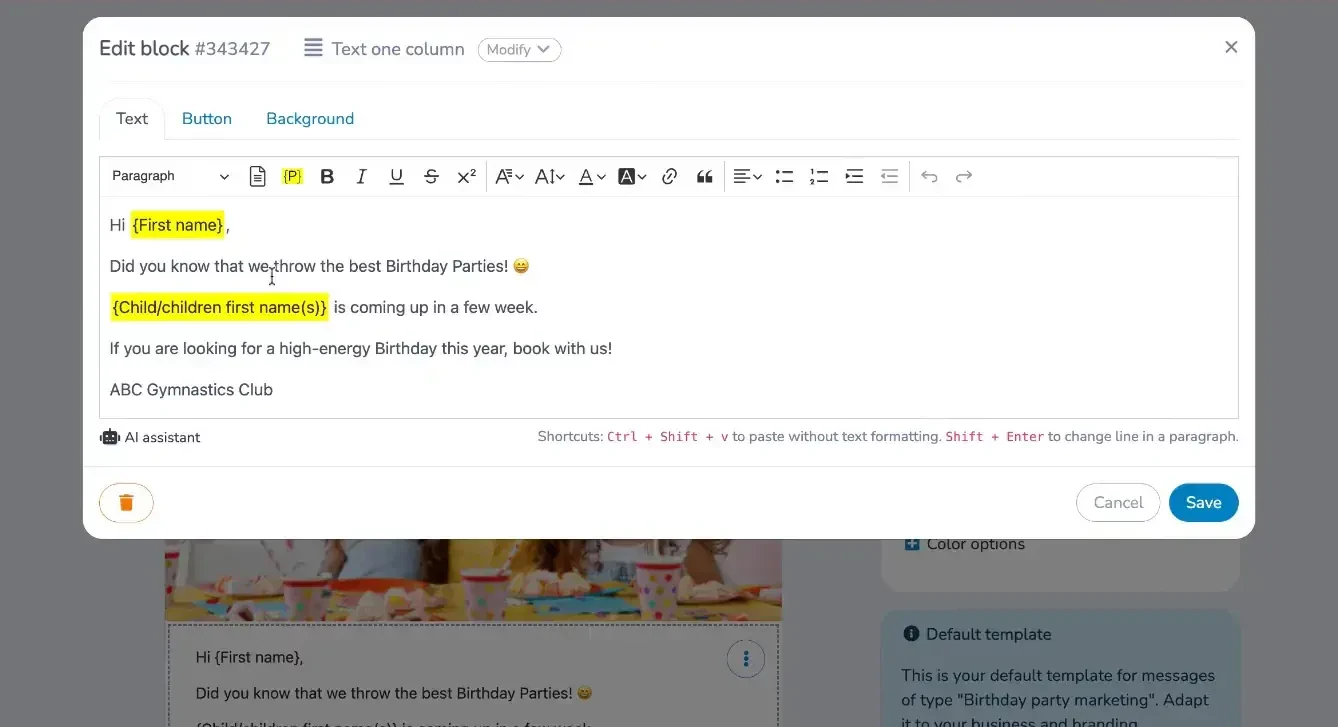Automated birthday party reminder in Activity Messenger as a cheerleading management software