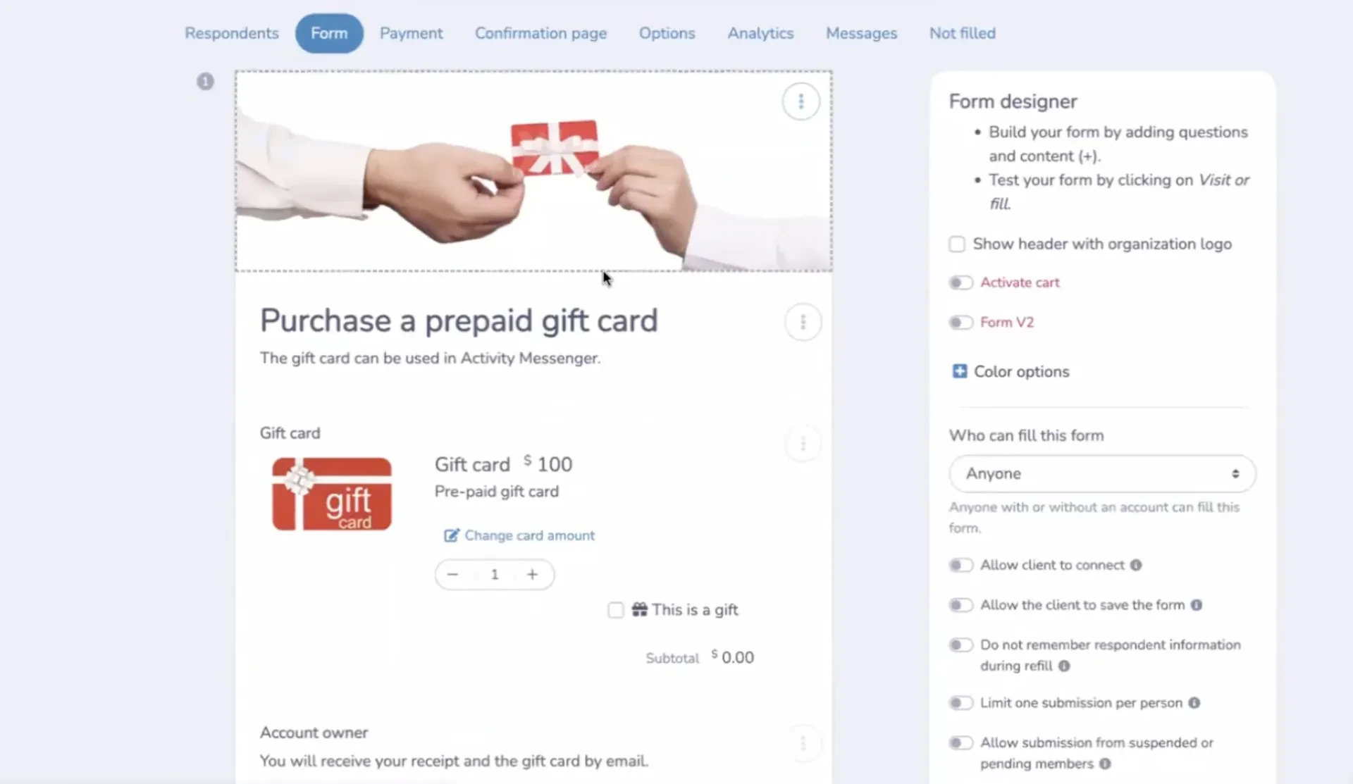 Activity gift card setup form in Activity Messenger showing image, recommended amount and simple fields