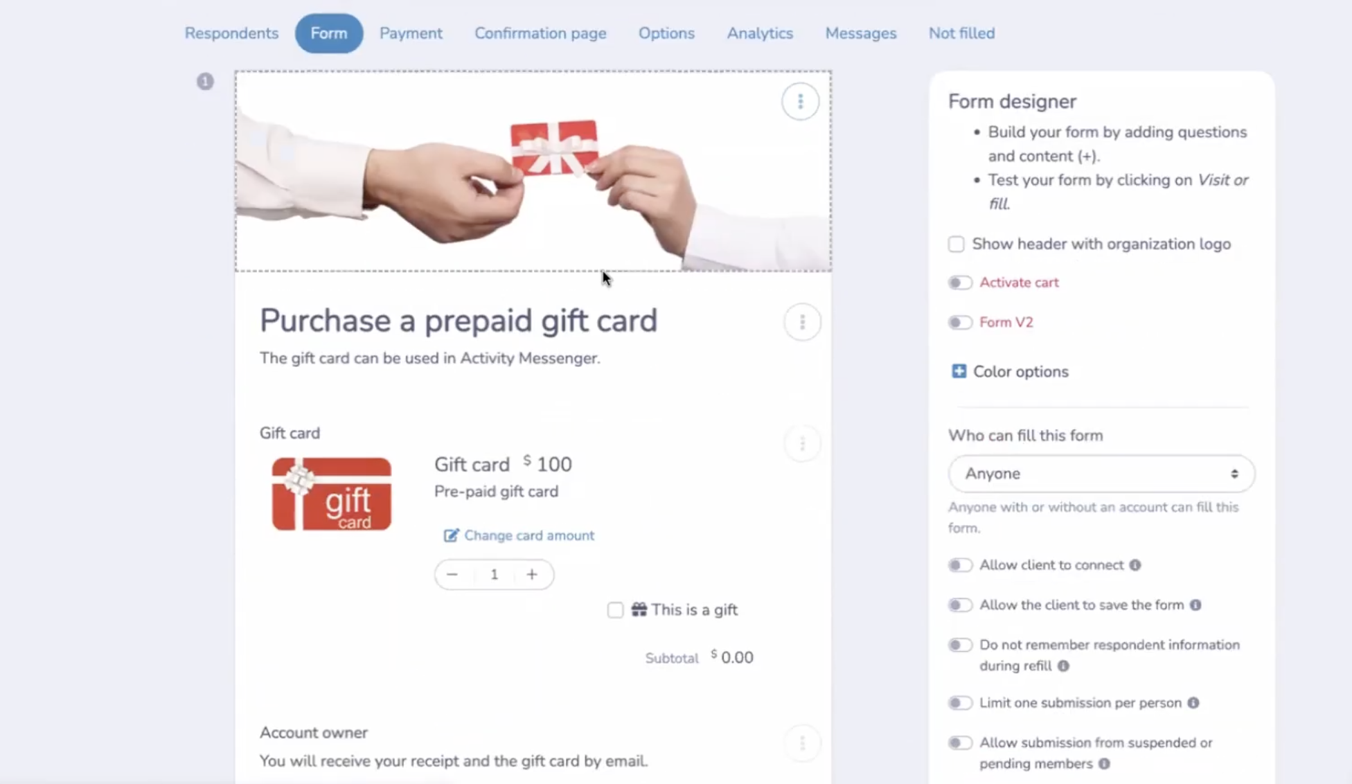 Activity gift card setup form in Activity Messenger showing image, recommended amount and simple fields