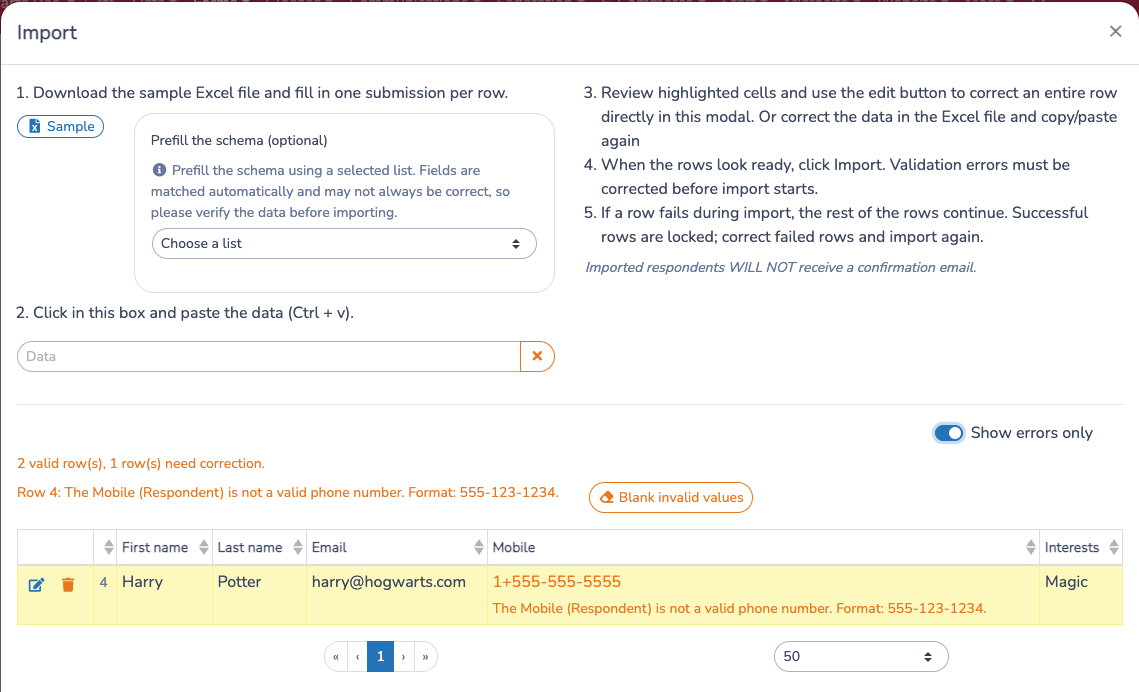 Blank invalid values from the import review table