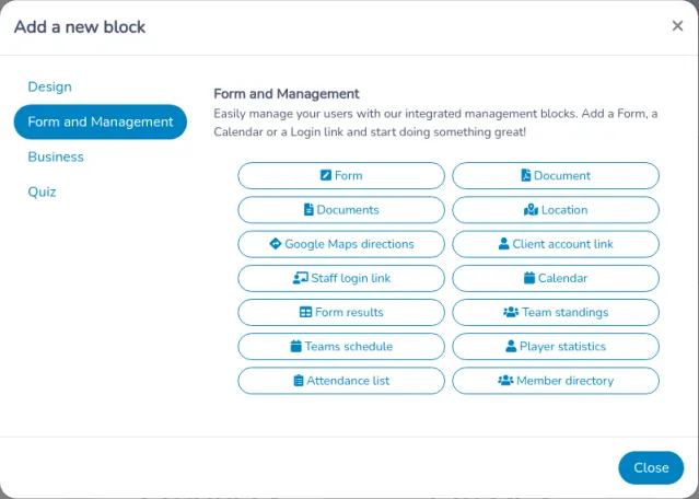 Add a new block window in the legacy microsite. Form results is listed under Form and Management.