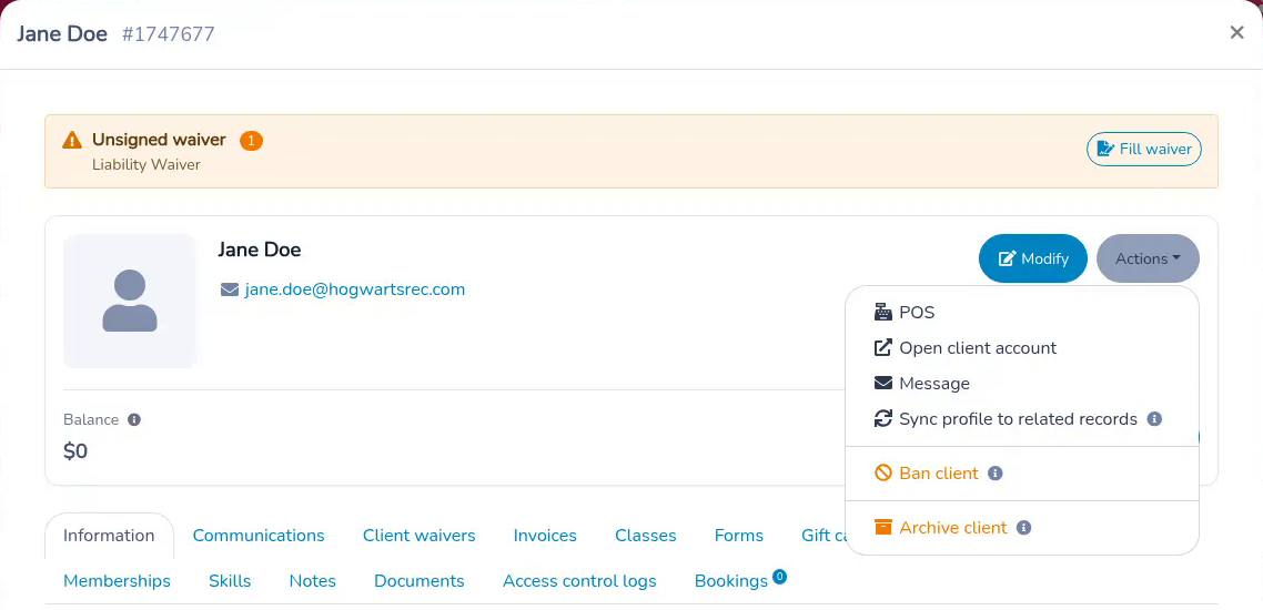 Client account window with the Actions menu open and Archive client at the bottom of the menu