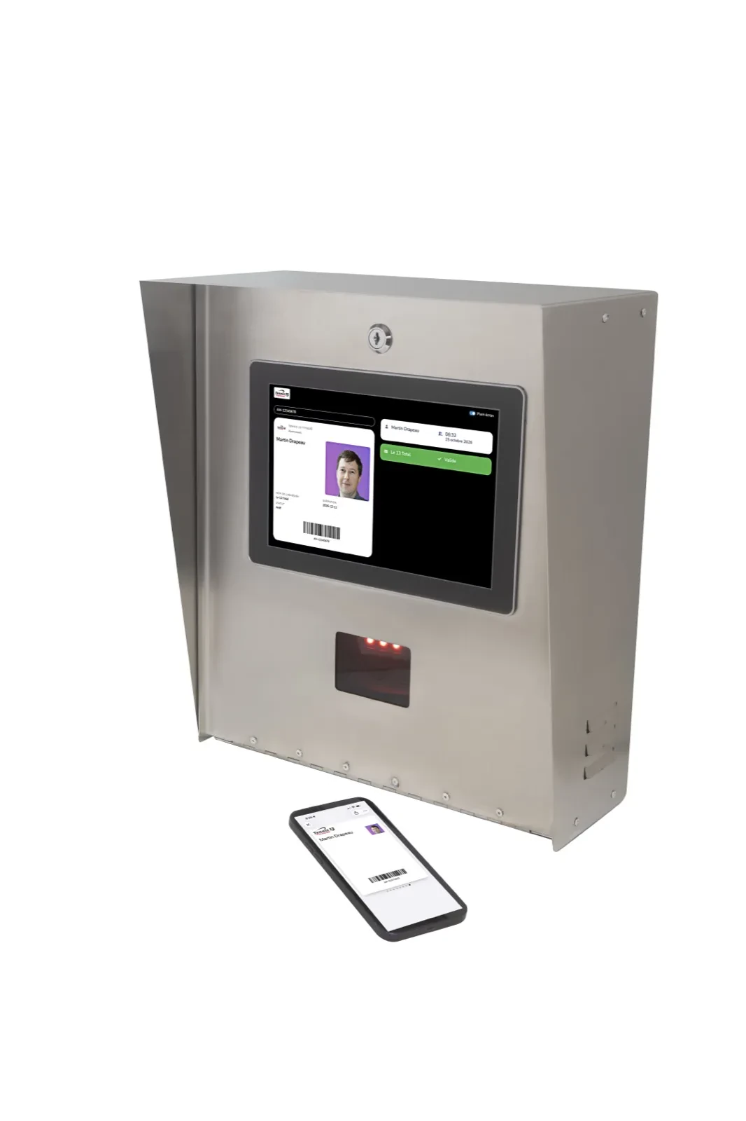 Appareil de contrôle d’accès extérieur Activity Messenger dans un boîtier, avec écran, lecteur et carte d’abonnement sur un téléphone