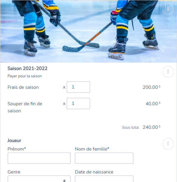 Un formulaire d'inscription à une saison de hockey dans Activity Messenger