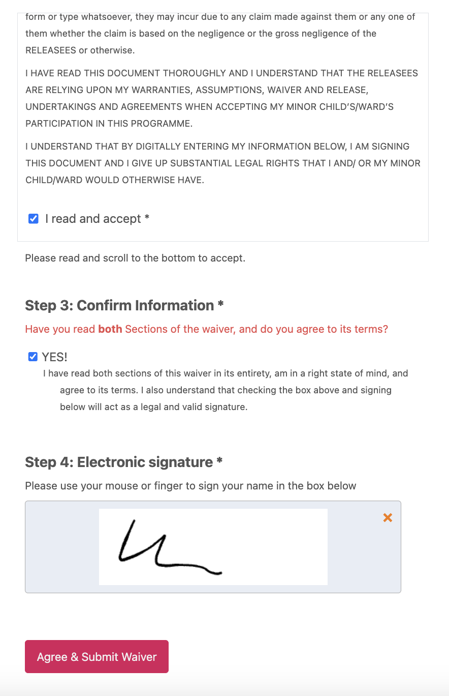 martial arts waiver form example with signature