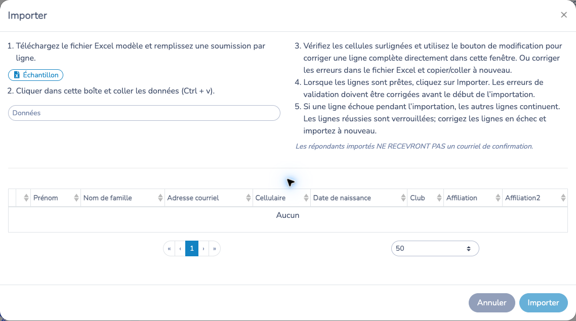Fenêtre d’importation avec téléchargement du modèle, saisie des données et consignes de validation