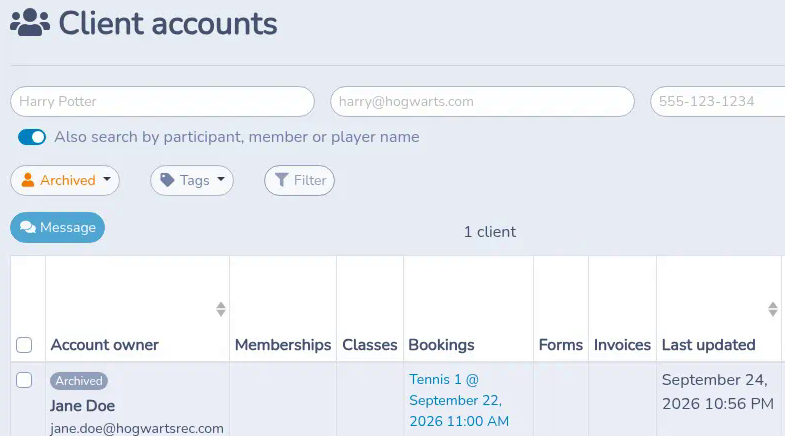 Client accounts page filtered on Archived, showing one client with the Archived badge above their name