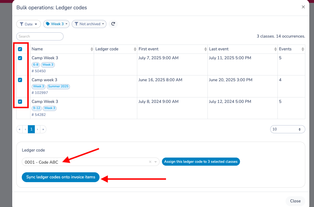 Bulk operations: Ledger codes window with the selected classes, the ledger code and the Sync ledger codes onto invoice items button highlighted