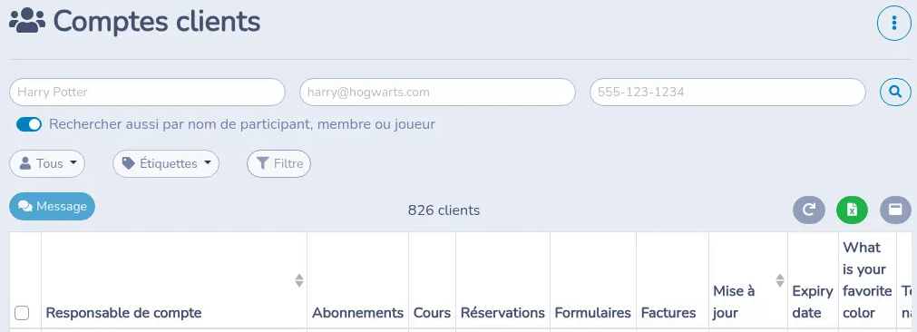 Page Comptes clients avec le filtre de clients réglé à Tous, les champs de recherche et la liste des clients