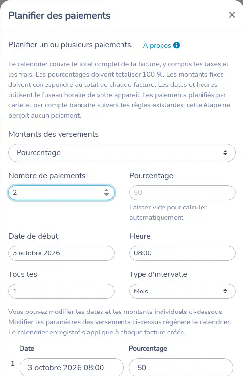 Haut de Planifier des paiements, avec Montants des versements, le nombre de paiements, la date de début et les premières lignes générées