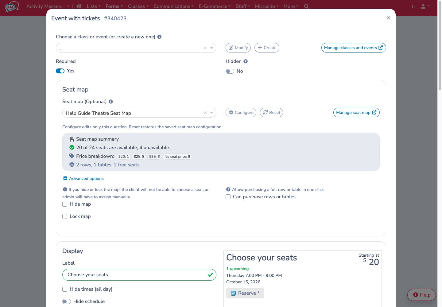Ticket question seat map settings