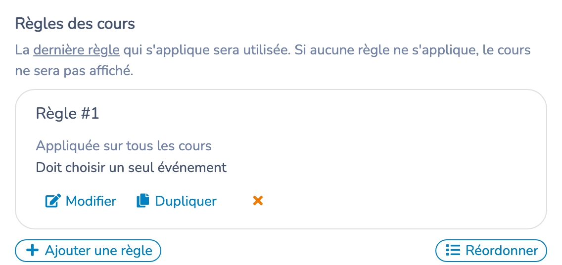 Règles des cours multiples avec la priorité de la dernière règle et le bouton Modifier