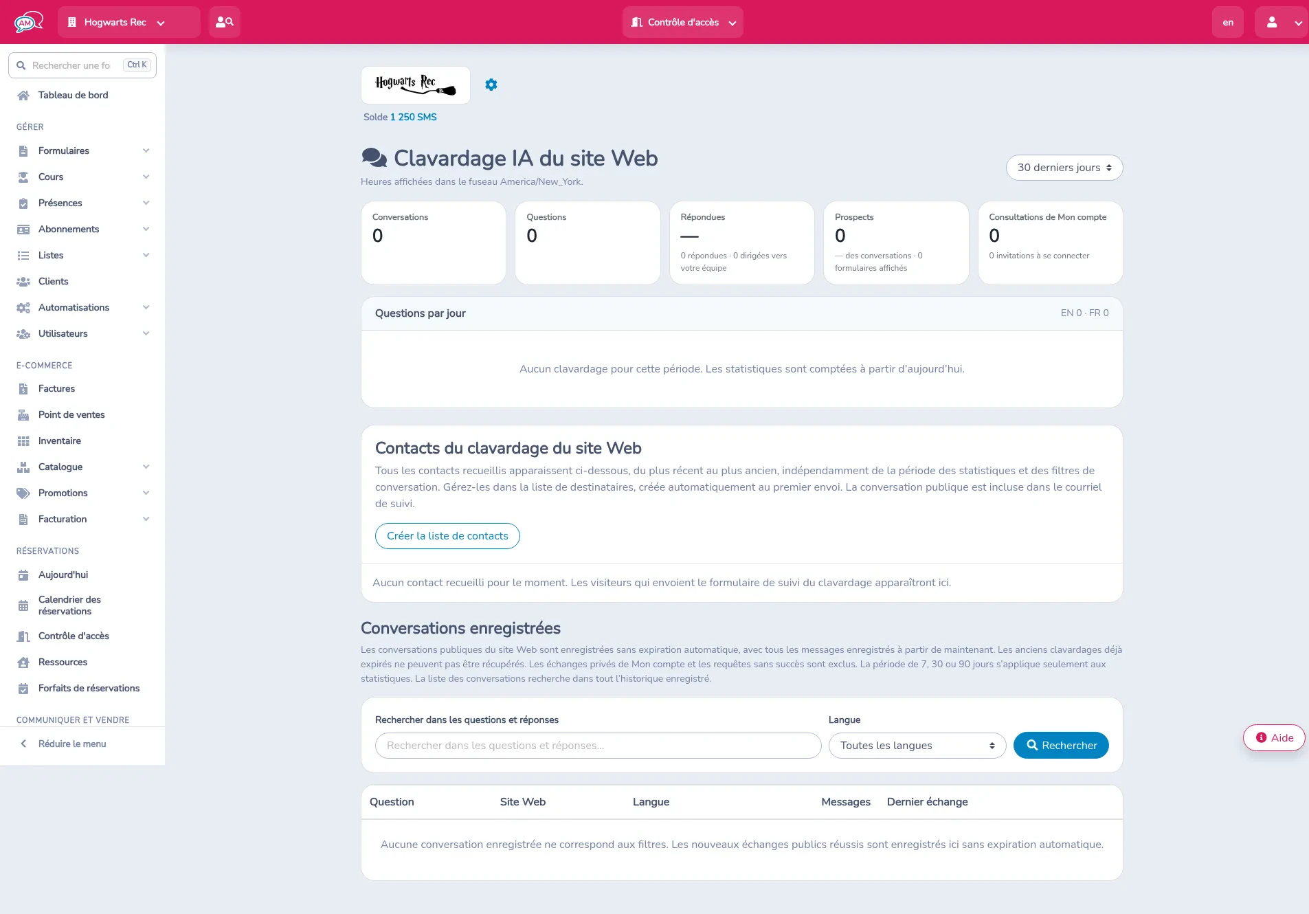 Clavardage IA du site Web pour les 30 derniers jours, avec Créer la liste de contacts et aucune conversation enregistrée