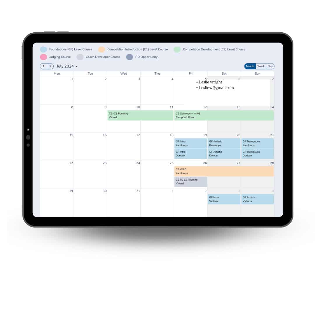 Interactive calendar for events, clinics and competitions