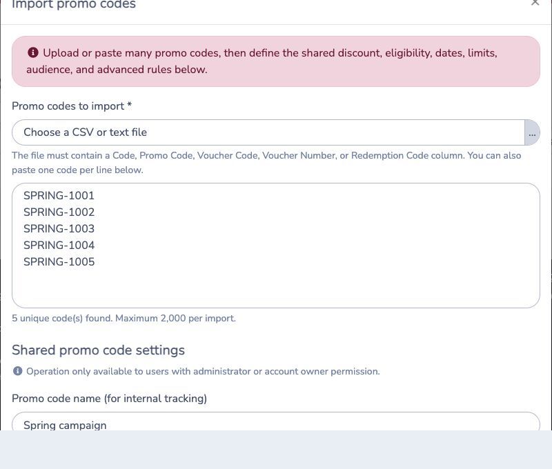 Import many promo codes and configure their shared settings
