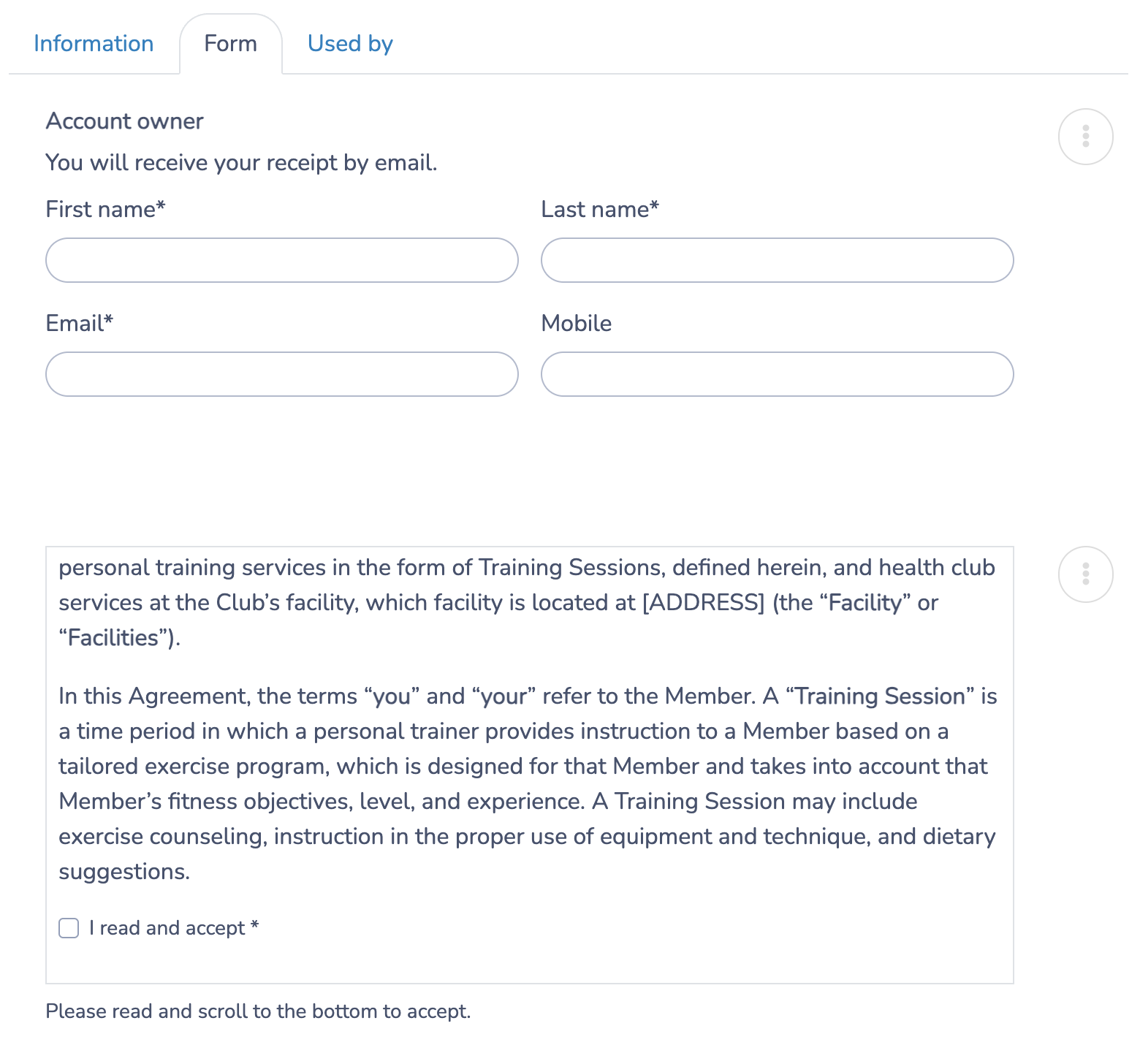 Customize checkout forms for court booking