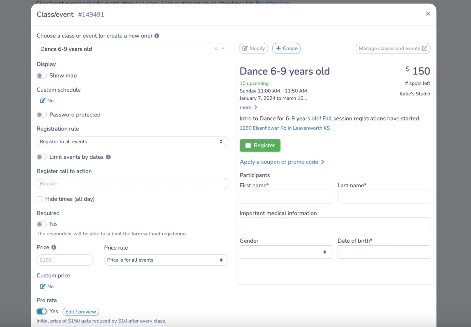 Create a class for dance registration form