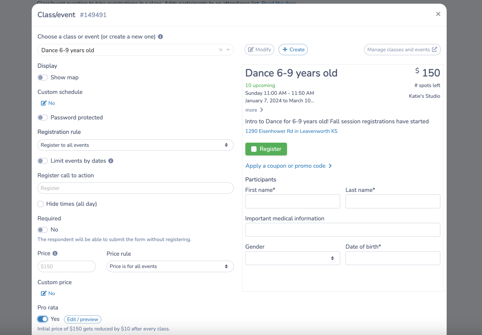 Create a class for dance registration form