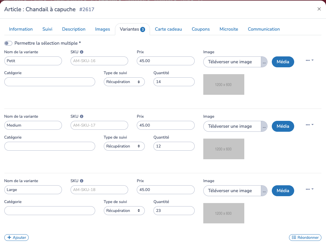Configurer des variantes avec leur propre type de suivi et leur quantité