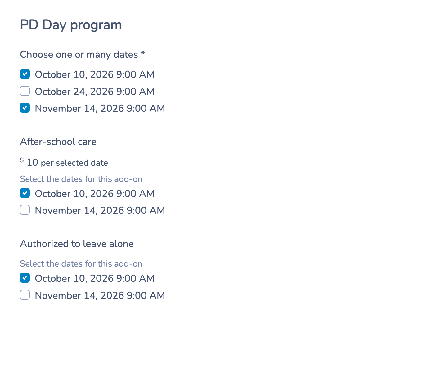 Register for October 10 and November 14, with care selected for October 10 only
