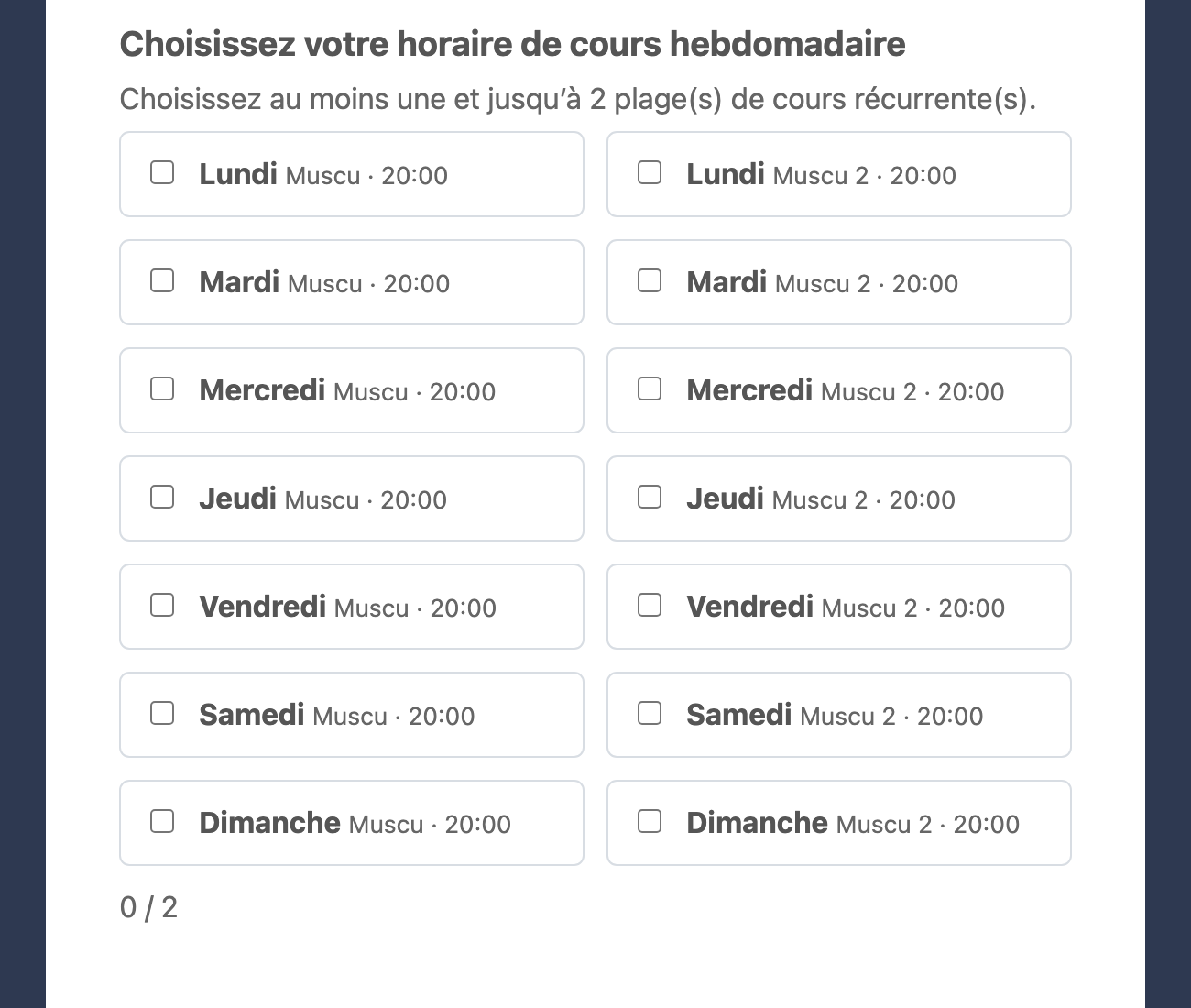 Choisir les jours et les heures des cours récurrents lors de l'achat d'un abonnement