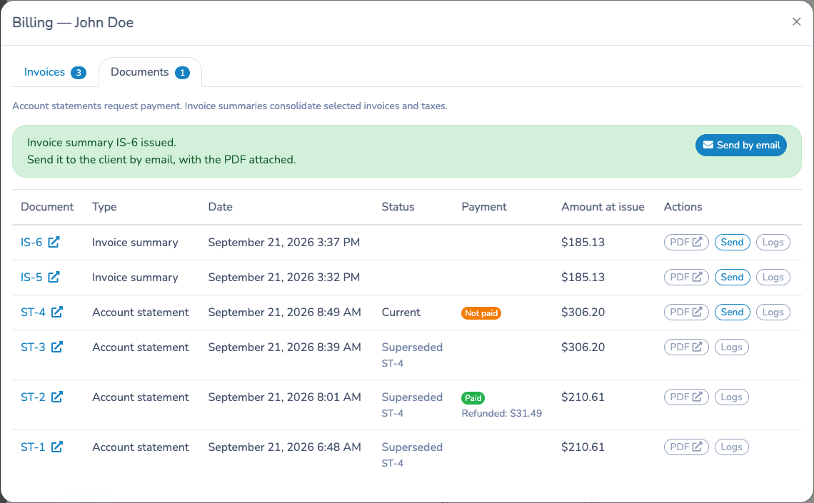 Billing Documents tab showing the invoice summary alongside account statements, with PDF, Send and Logs actions