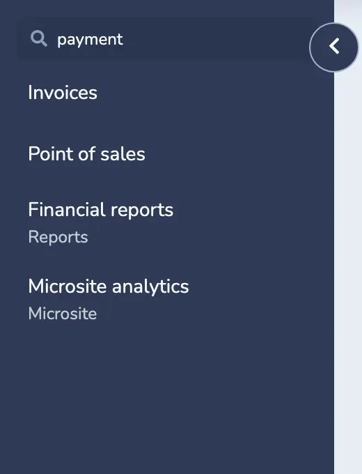 Feature search using payment, showing matching permitted destinations